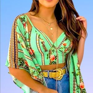 2 Pc Floral Teal Crop Top With Cover Up